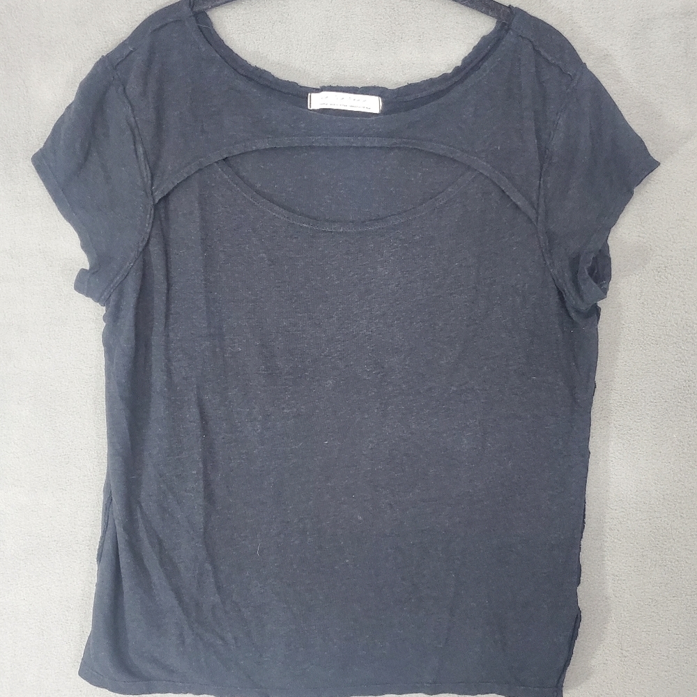 Free People Womens Size Large Tshirt Black Linen Short Sleeve